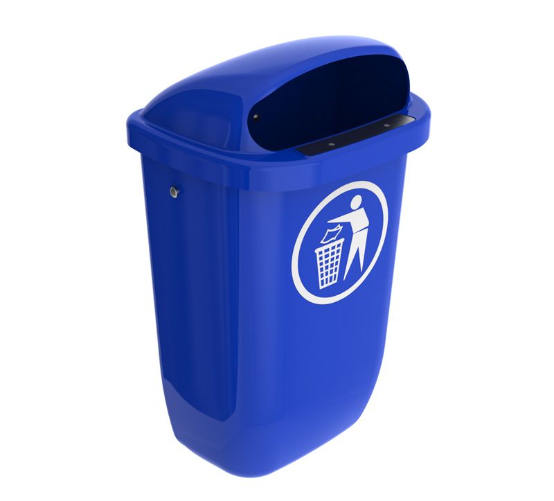 Blå Affaldskurv 50 liter komplet med låg og beslag 