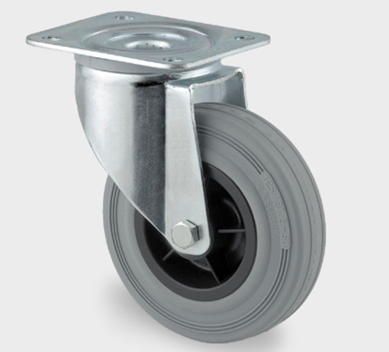 Transporthjul, gummi, 125 mm - Drejehjul plade mont.