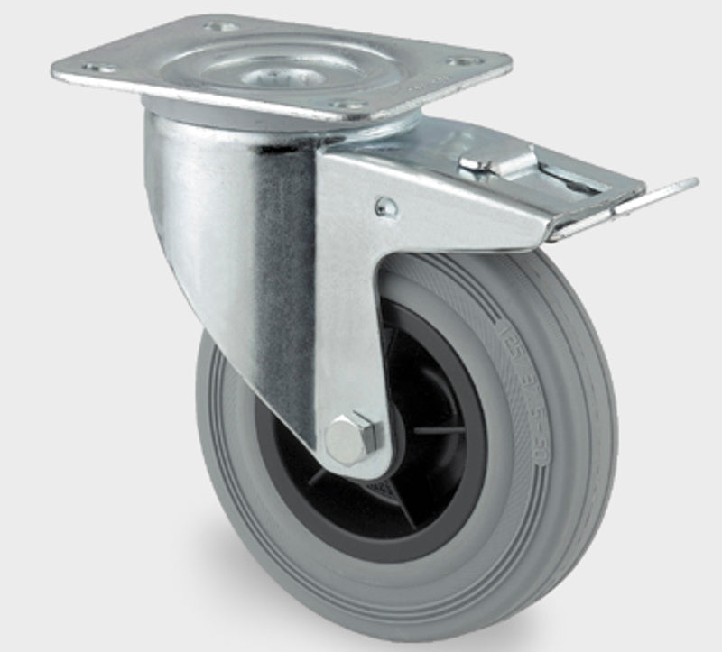 Transporthjul, gummi, 100 mm - Drejebremsehjul plade mont.